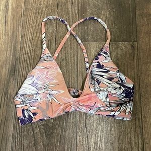 Midori bikinis Mia bikini top. Medium. Cross-back tie. 
Floral pink purple